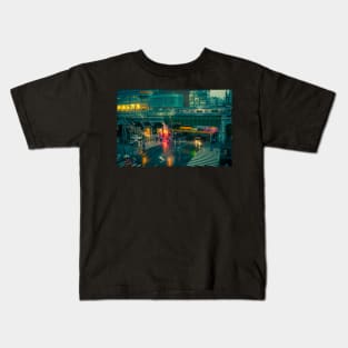 Rainy night in Neo Tokyo Matrix vibe with green and orange light reflection Kids T-Shirt